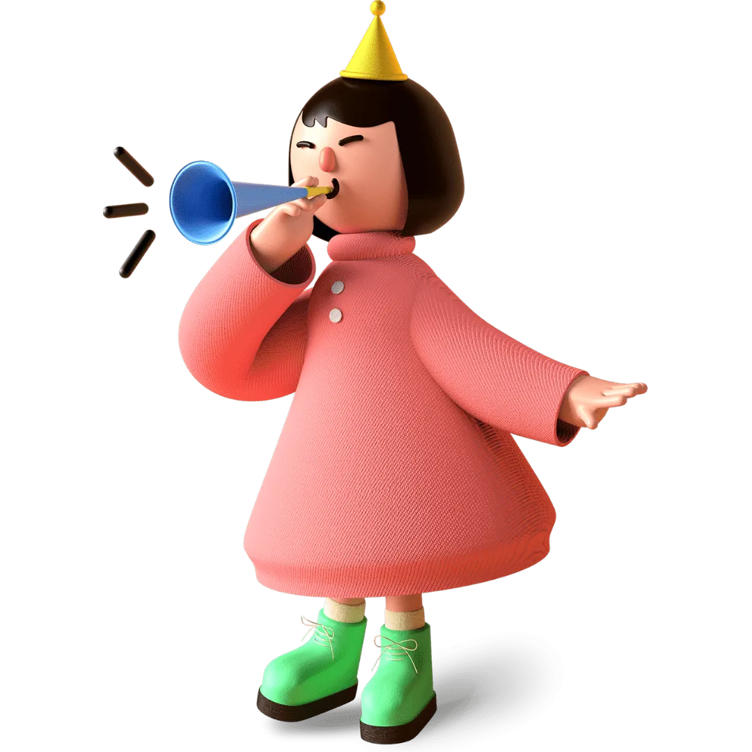 Cartoon girl in pink dress and green boots blowing a blue horn while wearing a yellow party hat.