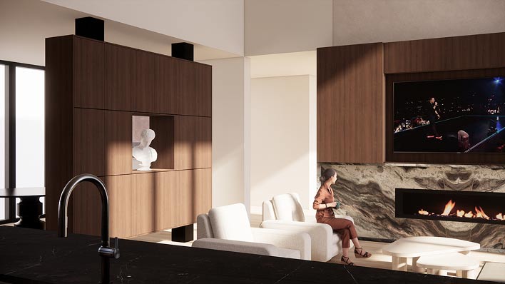 Modern living room with white chairs, a woman sitting near a linear fireplace and wall-mounted TV, wood cabinets.