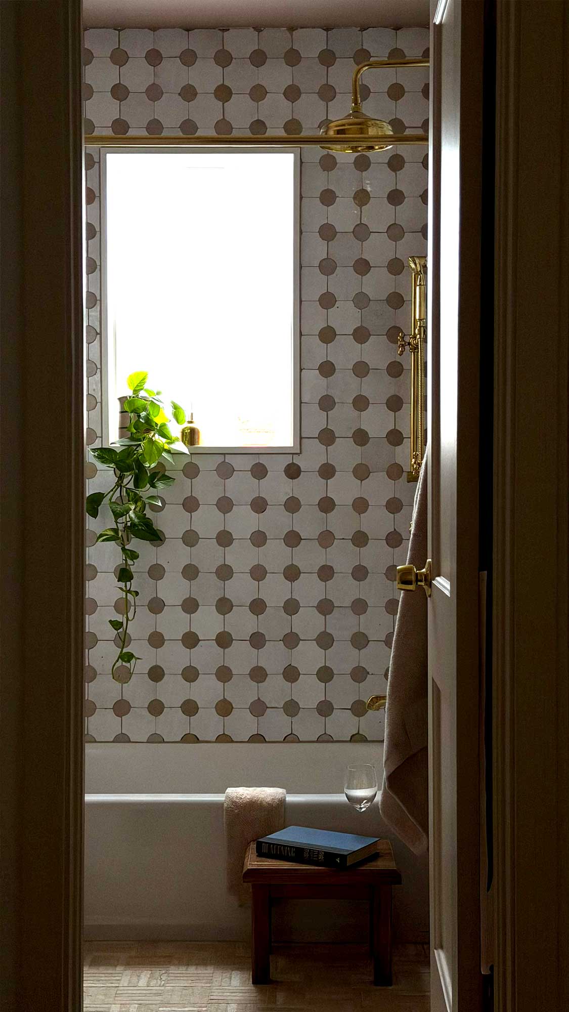 Bathroom with patterned tile, bathtub, gold showerhead, hanging green plant, towel, and book on stool.