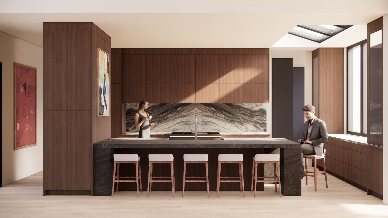 Modern kitchen with dark wood cabinetry, black stone island, five stools, and two people inside.