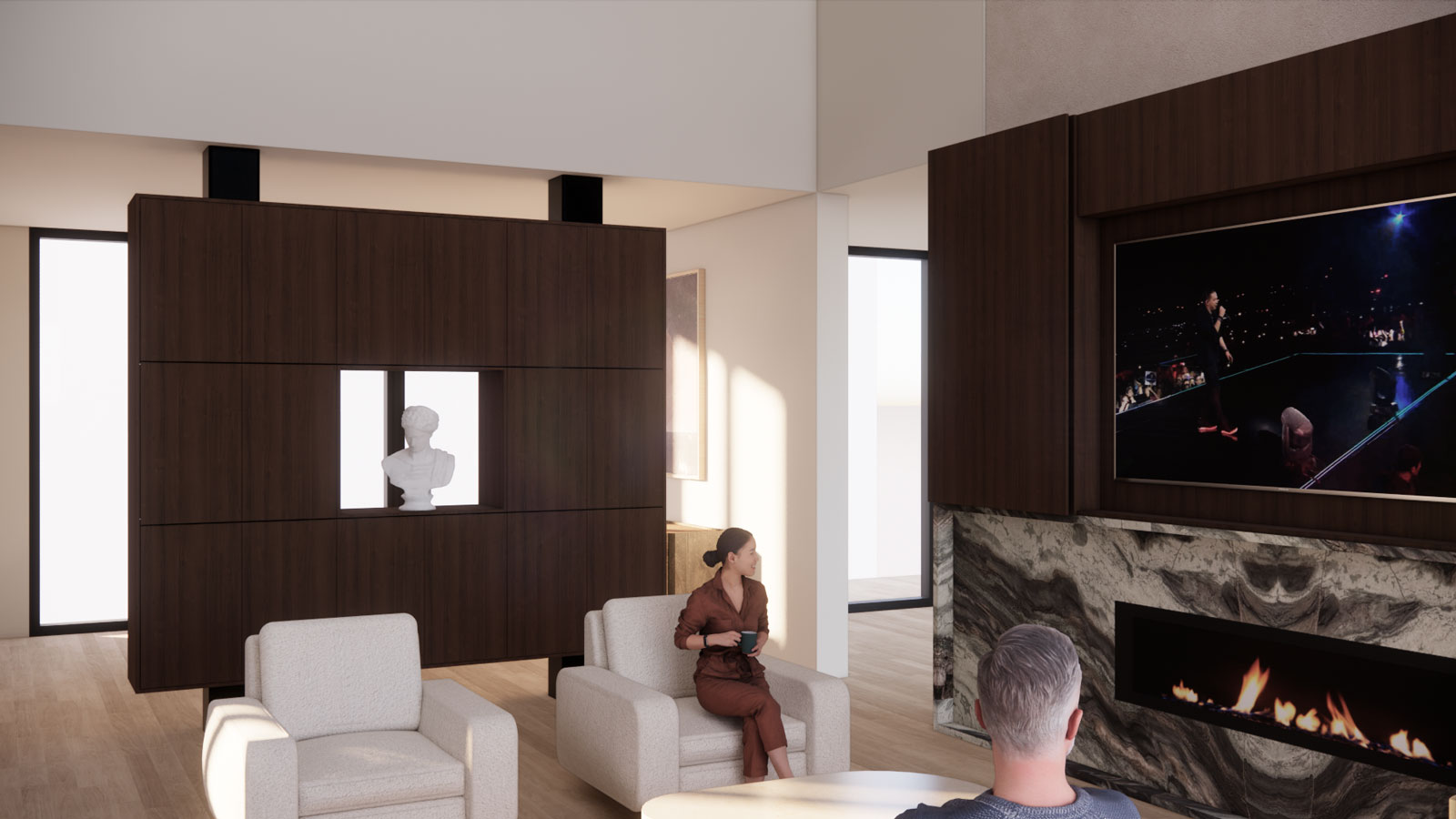 Modern living room with two people, light armchairs, wooden cabinet, fireplace, and TV showing a concert.