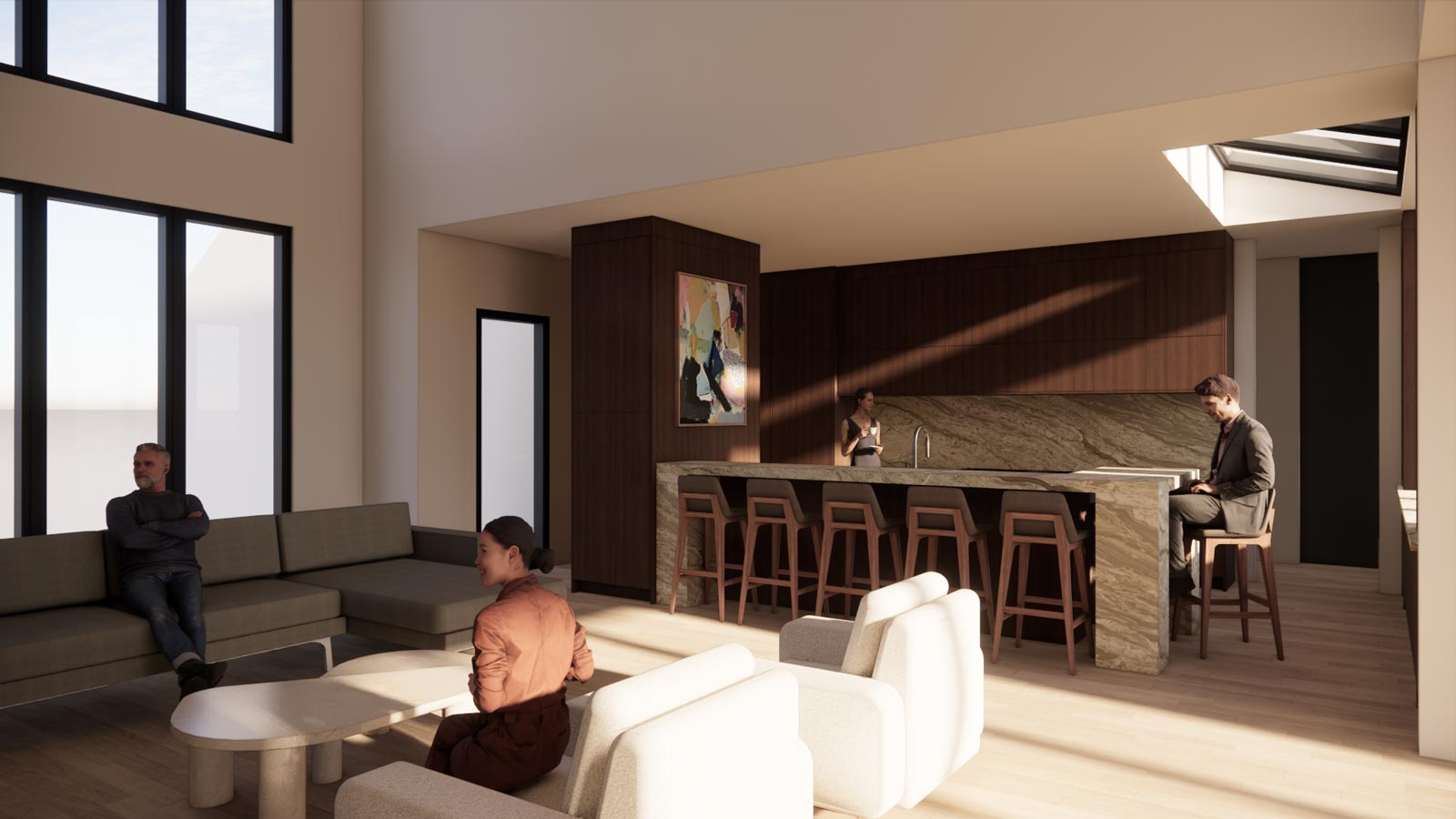 Modern living room with people near gray sofa, white chairs, and marble kitchen island with stools.