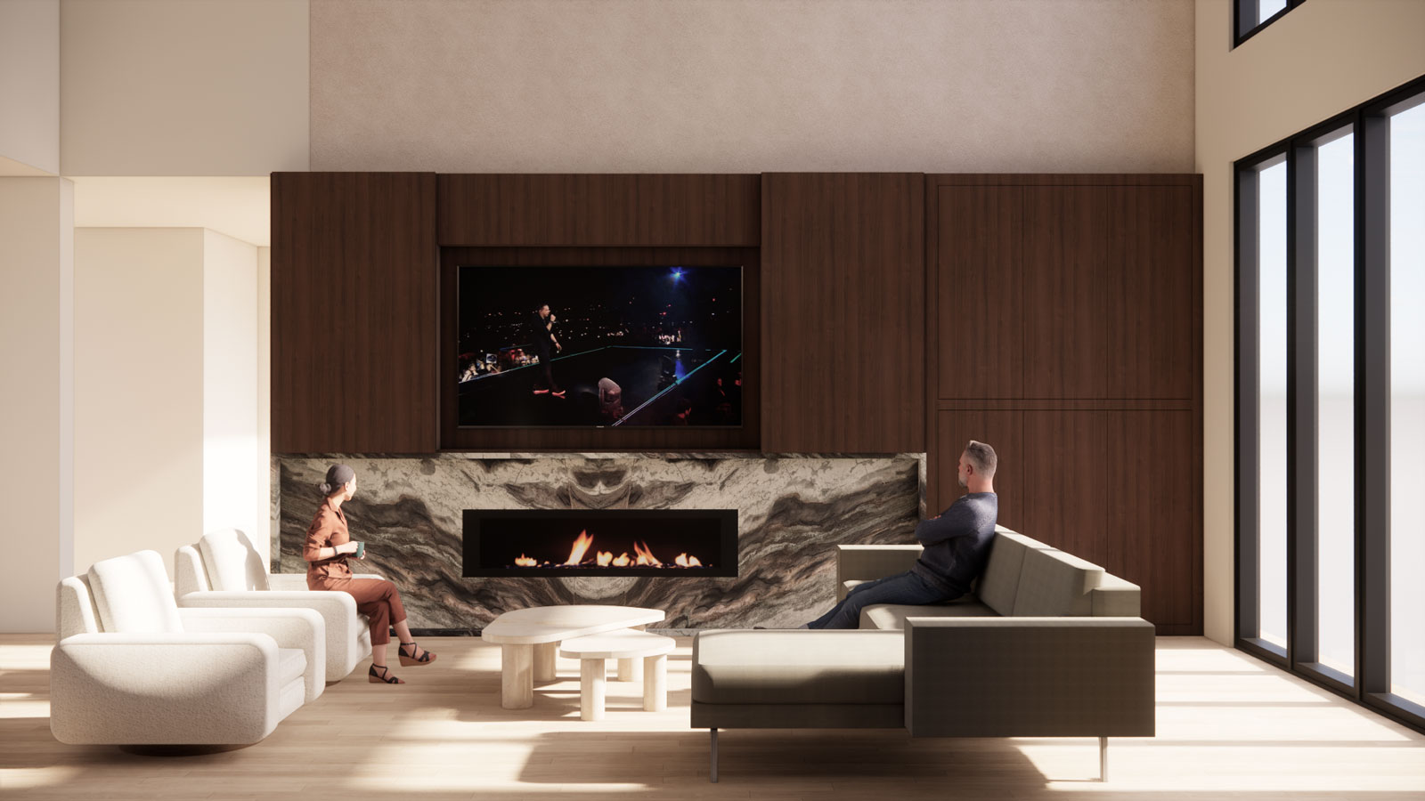 Modern living room with two people watching TV above a fireplace with marble surround and large windows.