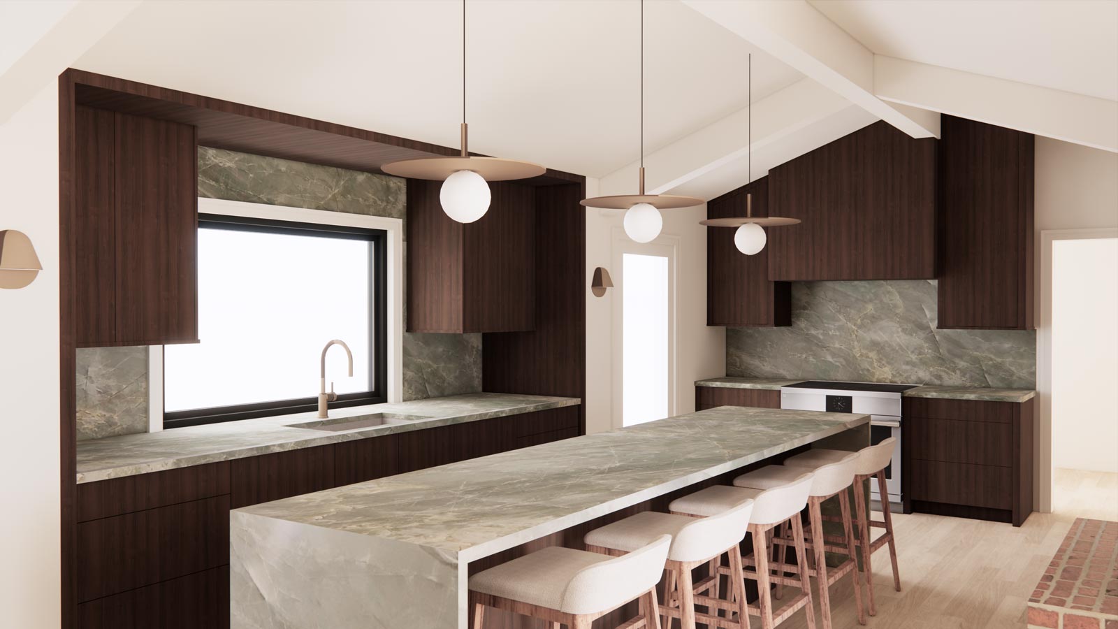 Modern kitchen with dark wood cabinets, marble countertops, and an island with five stools and pendant lights.