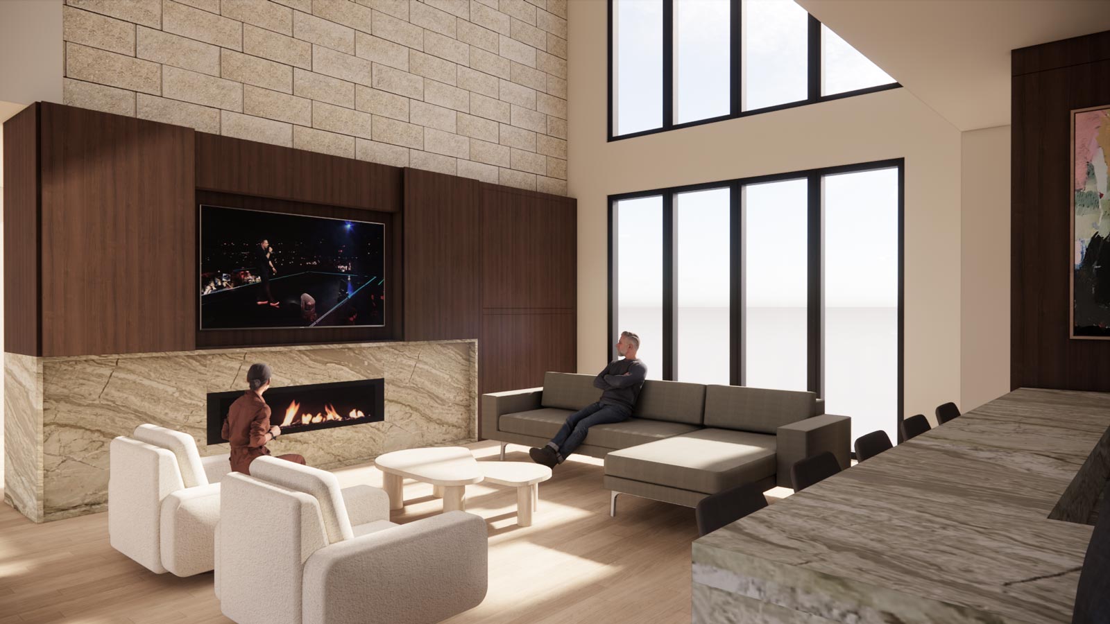 Modern living room with two people, large windows, stone fireplace, and TV above it.