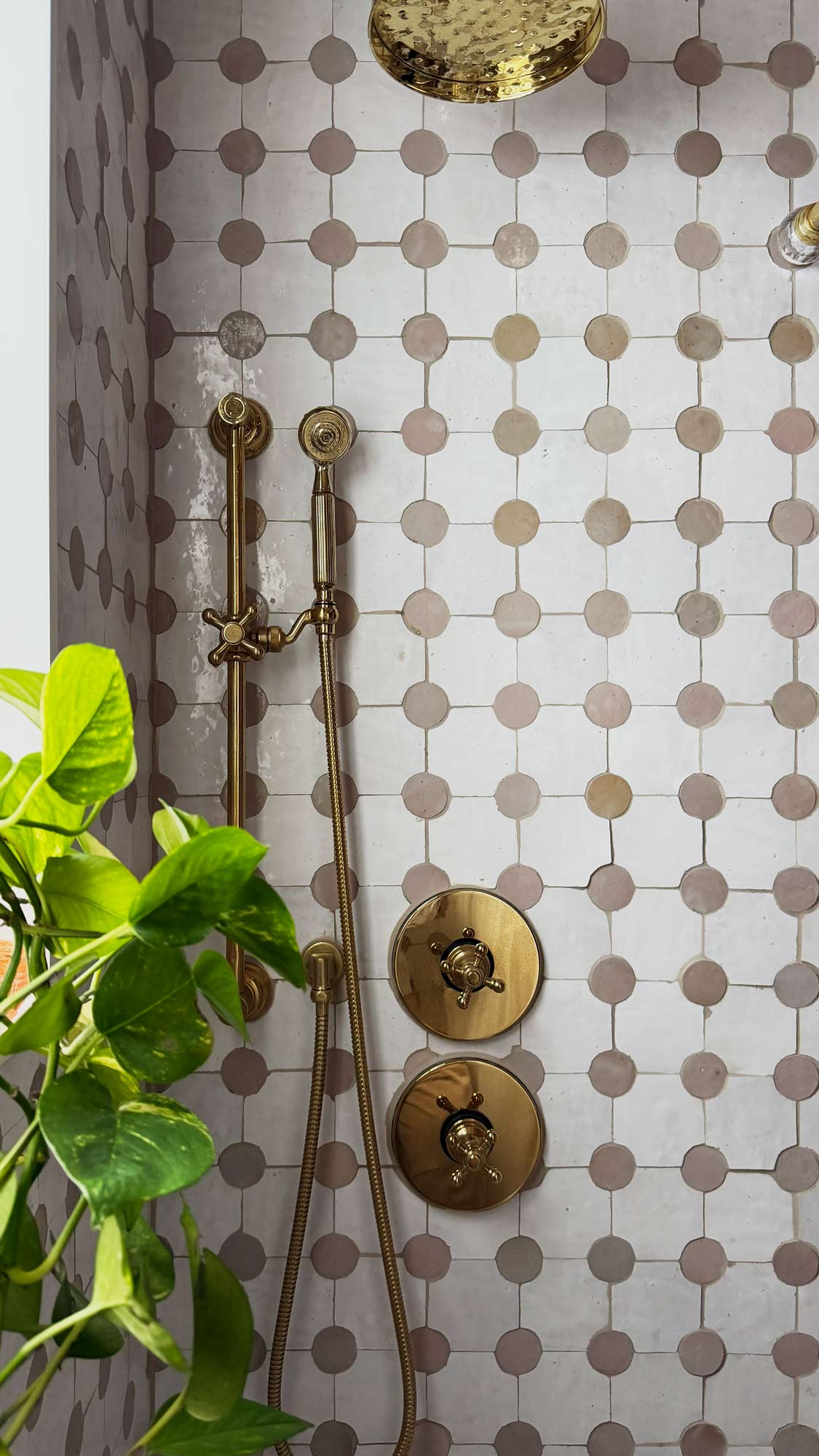 Shower with gold fixtures and patterned white and beige tile wall, with green plant leaves in foreground.