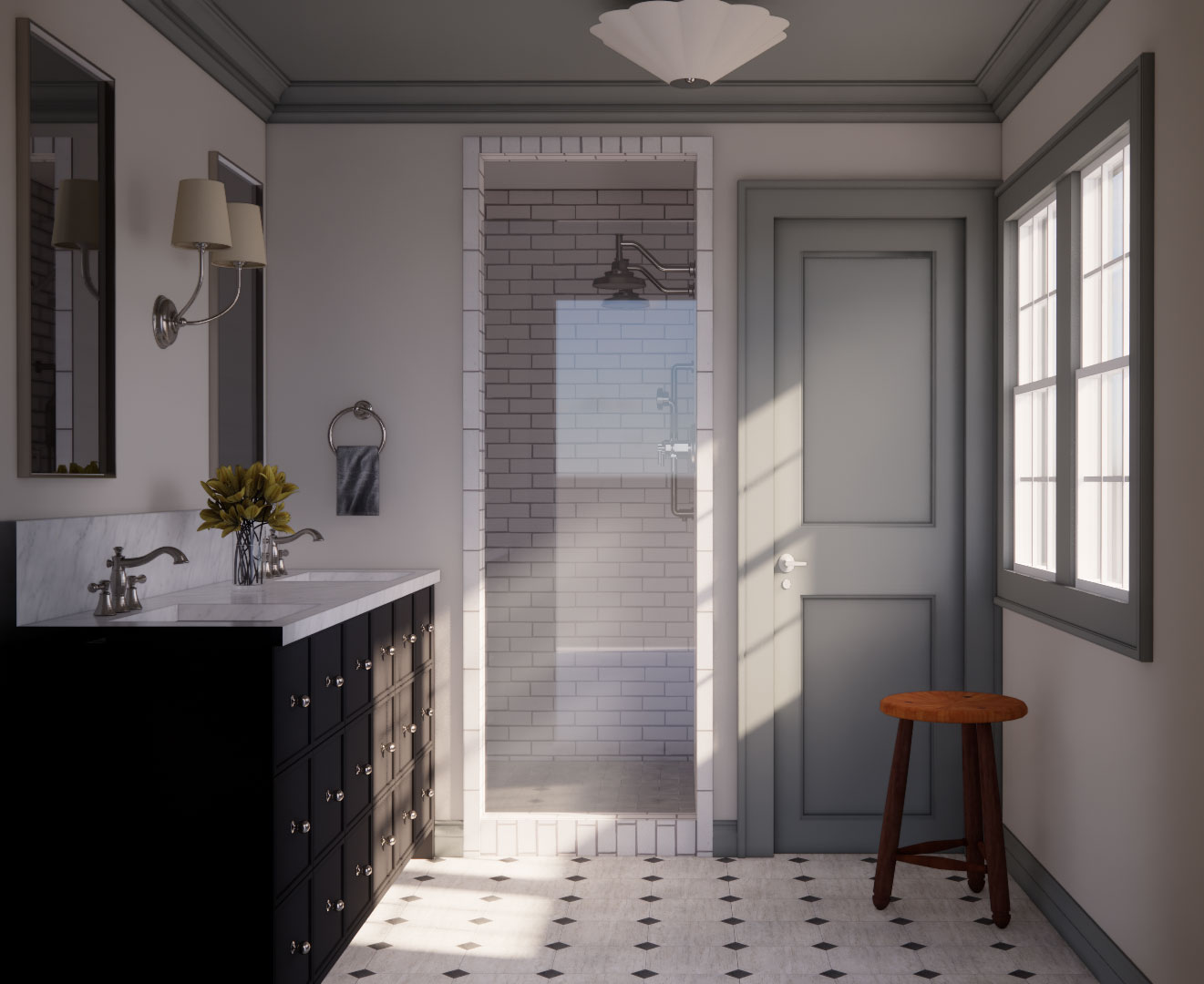A bathroom shower with white and black tiling.
