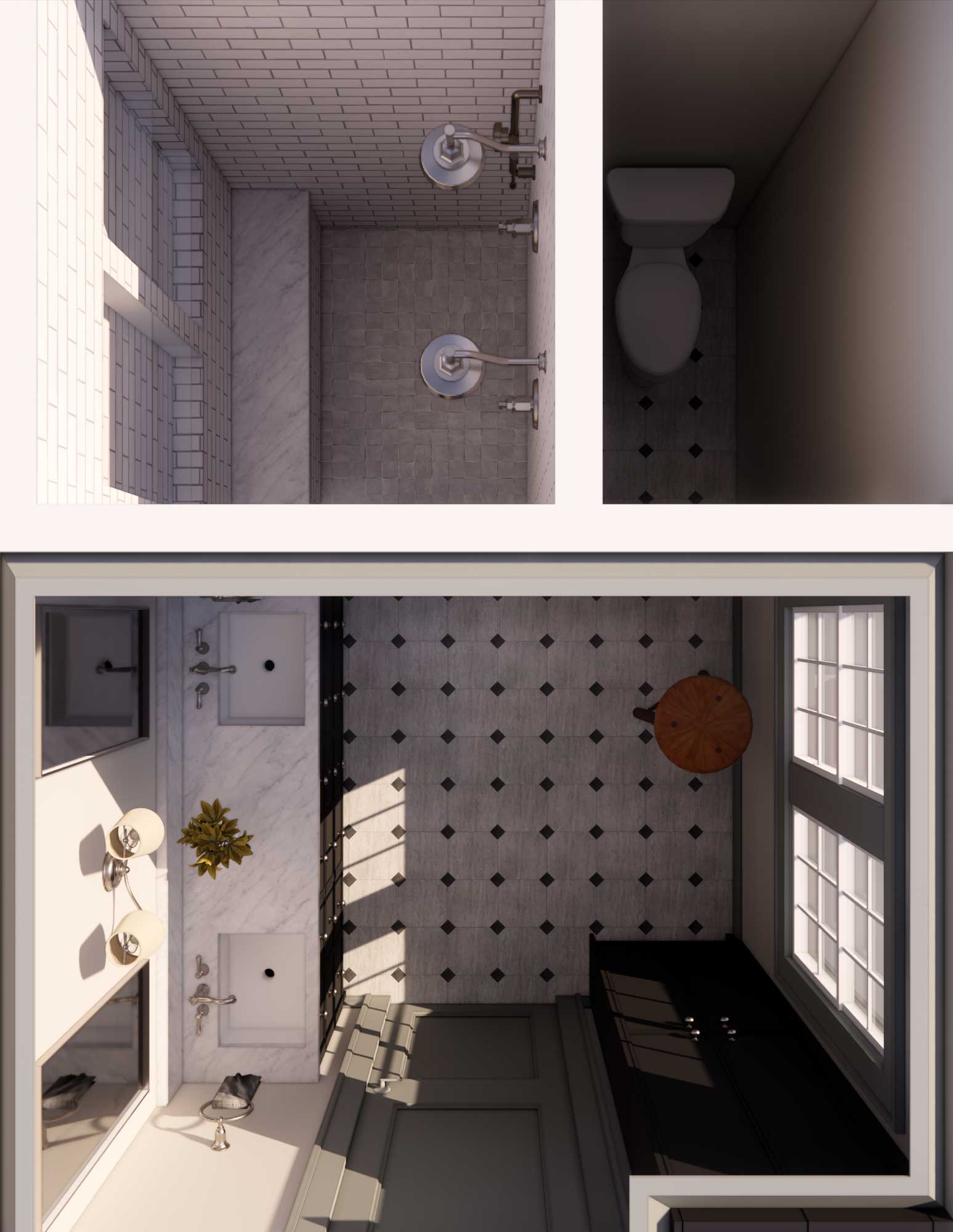 Overhead view of a bathroom and shower layout.