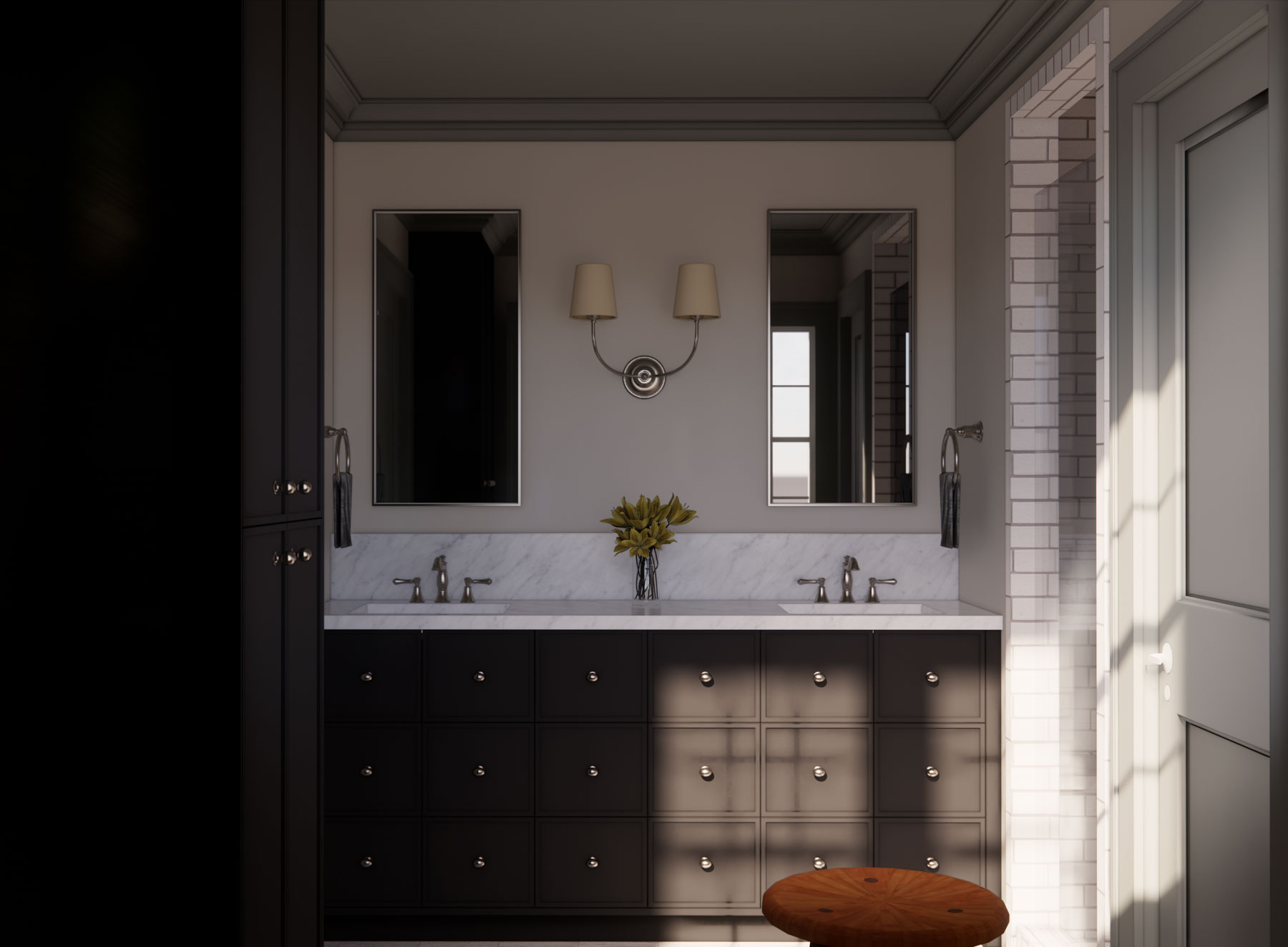 A bathroom with two sinks and dark cabinetry.