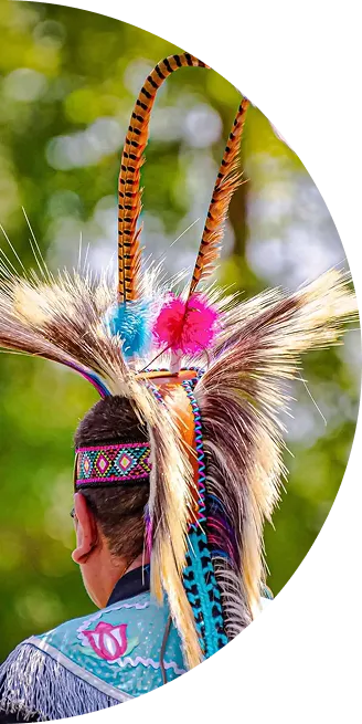 Native American man wearing a traditional feathered headdress and colorful headband, seen from behind.