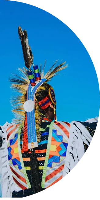 Back view of Native American dancer in colorful regalia with feather headdress against blue sky.