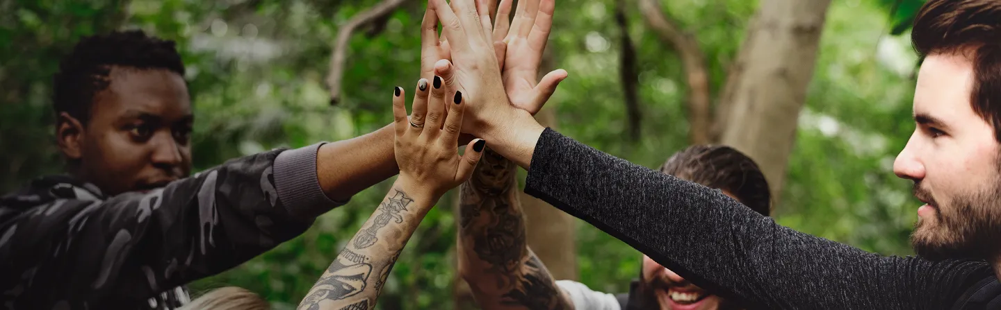 Diverse group of people outdoors giving a multi-person high five with trees in background.