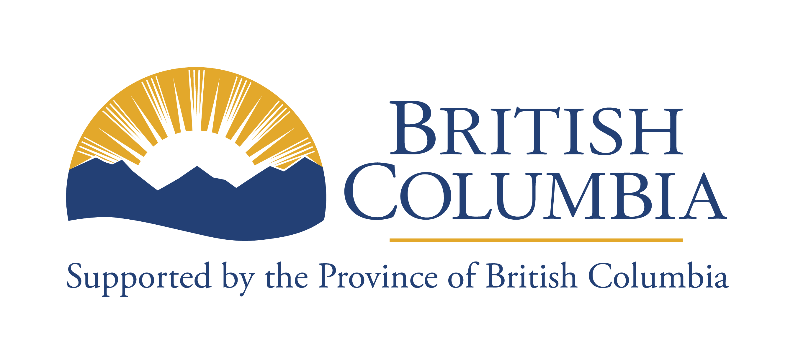 Logo with a rising sun over blue mountains and text British Columbia supported by the Province of British Columbia.