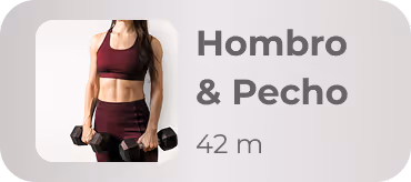 Woman in burgundy workout outfit holding dumbbells, with text 'Hombro & Pecho 42 m'.