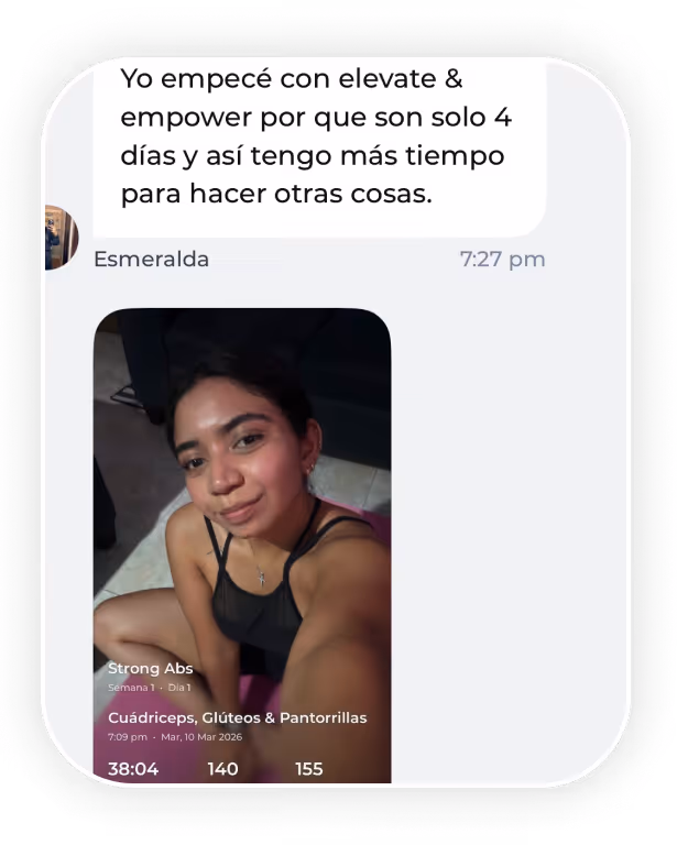 Message in Spanish by Esmeralda and selfie of a woman in black workout clothes sitting on a mat.