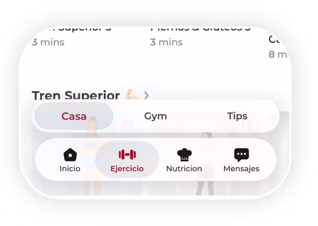 Mobile app menu with tabs Casa, Gym, Tips and icons for Inicio, Ejercicio, Nutricion, Mensajes.