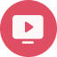 White play button inside a rectangle on a pink circular background, representing a video icon.