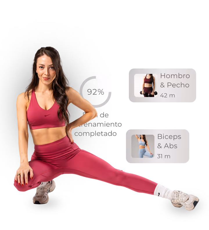 Woman in pink sportswear stretching leg, workout progress at 92%, two workout options shown.