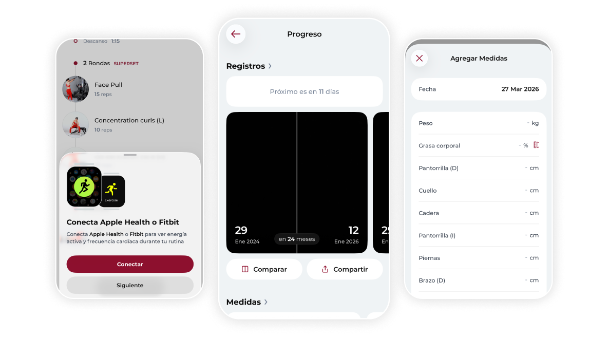 Three smartphone screens showing fitness app features: exercise tracking, progress charts, and body measurements form.