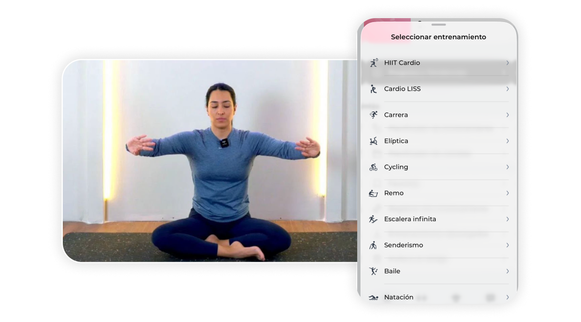 Person in blue long-sleeve shirt sitting cross-legged with arms extended, next to workout selection menu.