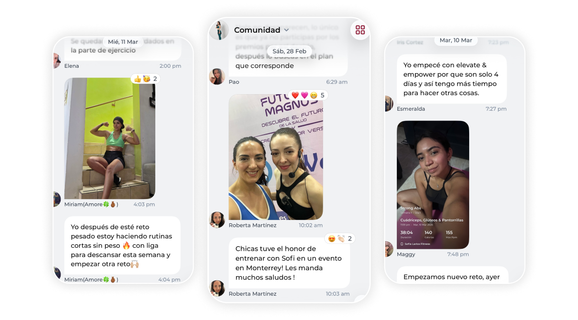 Three phone screens showing fitness chat messages and photos of women exercising and posing at gym.