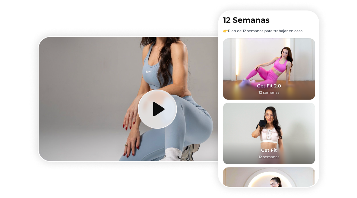Woman in workout clothes squatting with fitness program options shown titled '12 Semanas' on side.