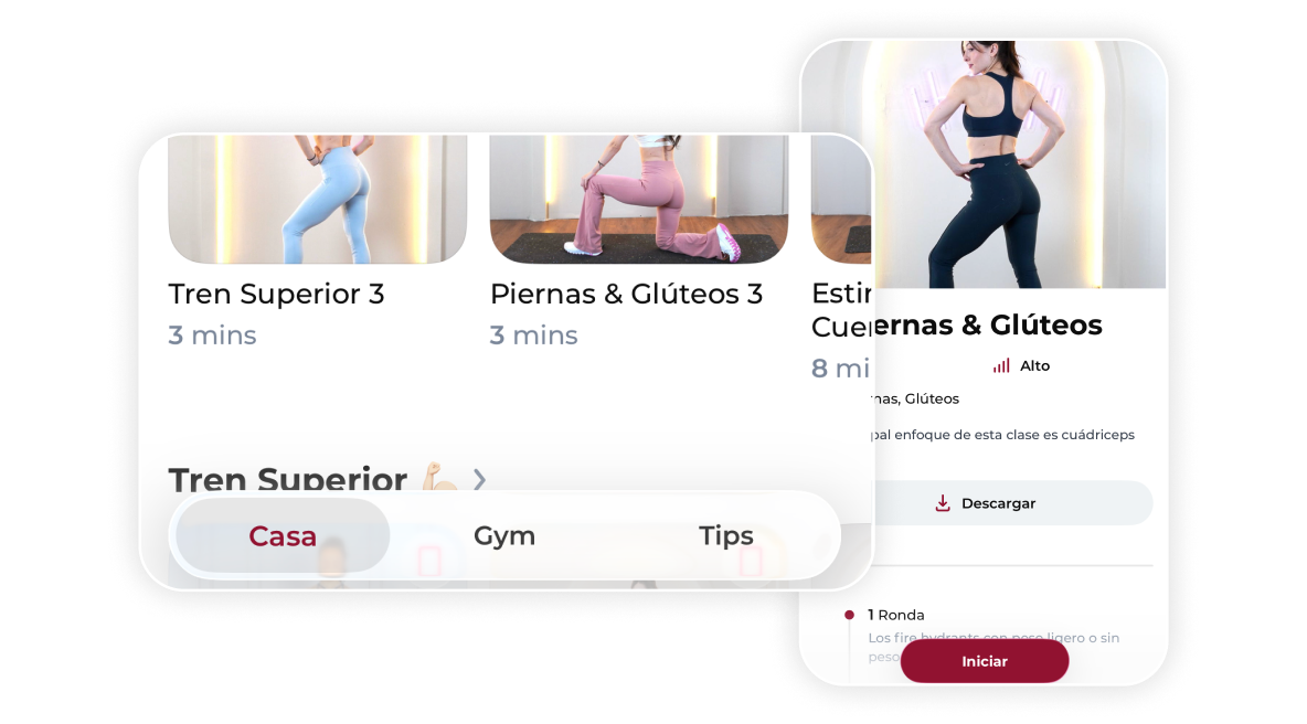 Fitness app showing workout options for upper body, legs, and glutes with exercise duration