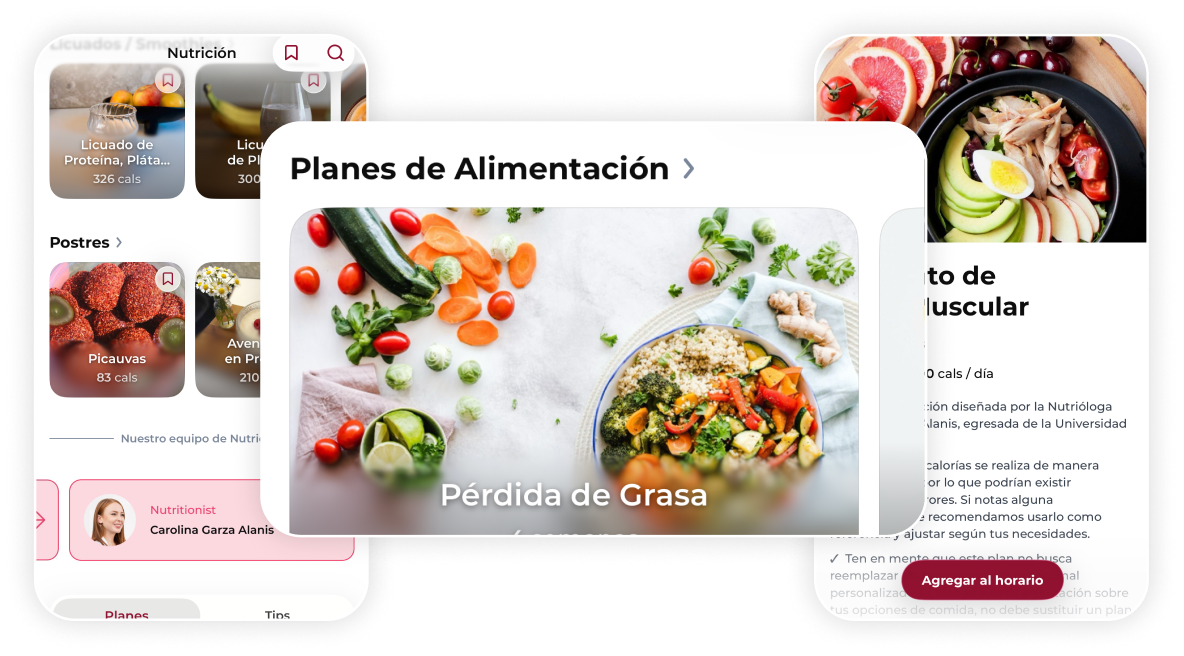 Mobile app screens showing nutrition plans with healthy food images and meal schedule options.