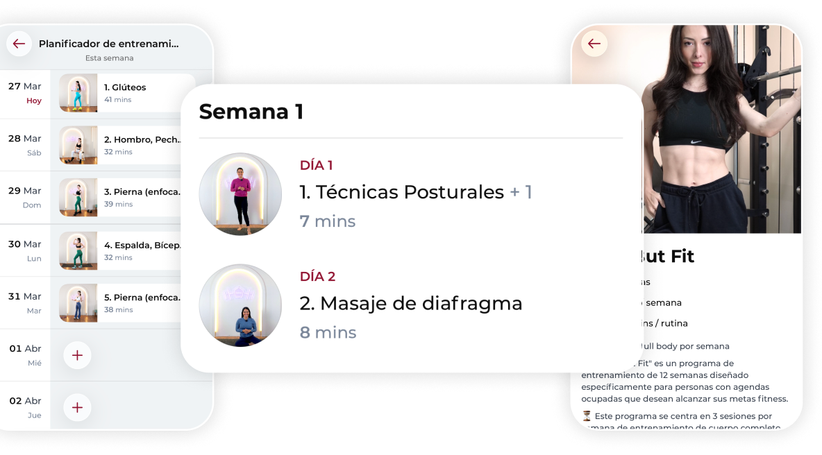 Mobile screen showing a workout planner with weekly posture techniques and diaphragm massage videos.