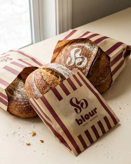 Brote in gestreiften Papiertüten mit KI-generiertem Branding