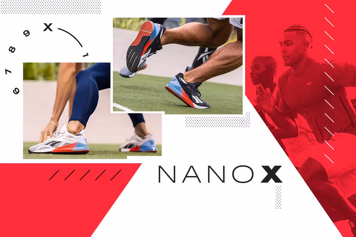Reebok Nano X teaser graphic: close-up shoe shots on turf paired with red-toned images of athletes running.
