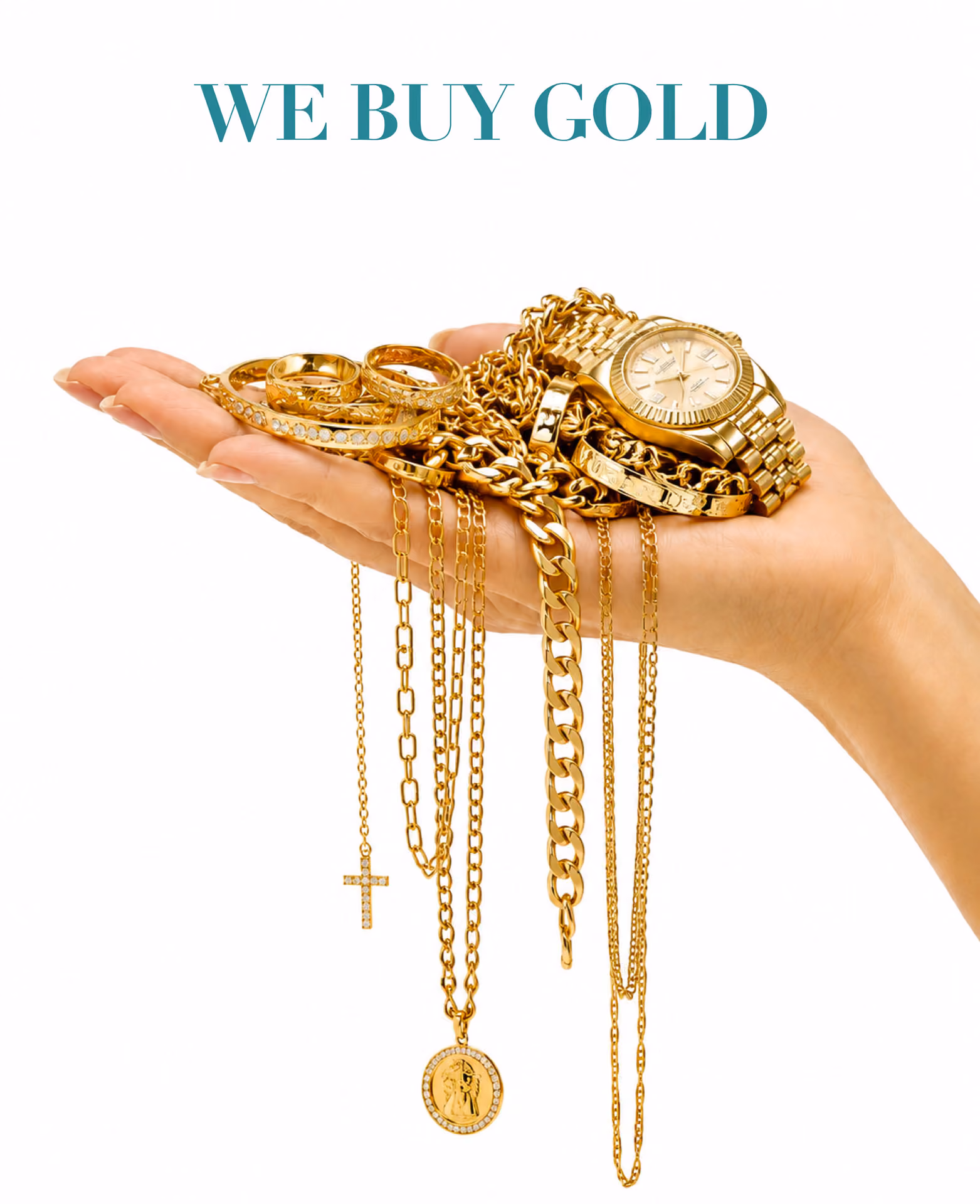 Joyas de oro y efectivo, representando una evaluación de compra de oro