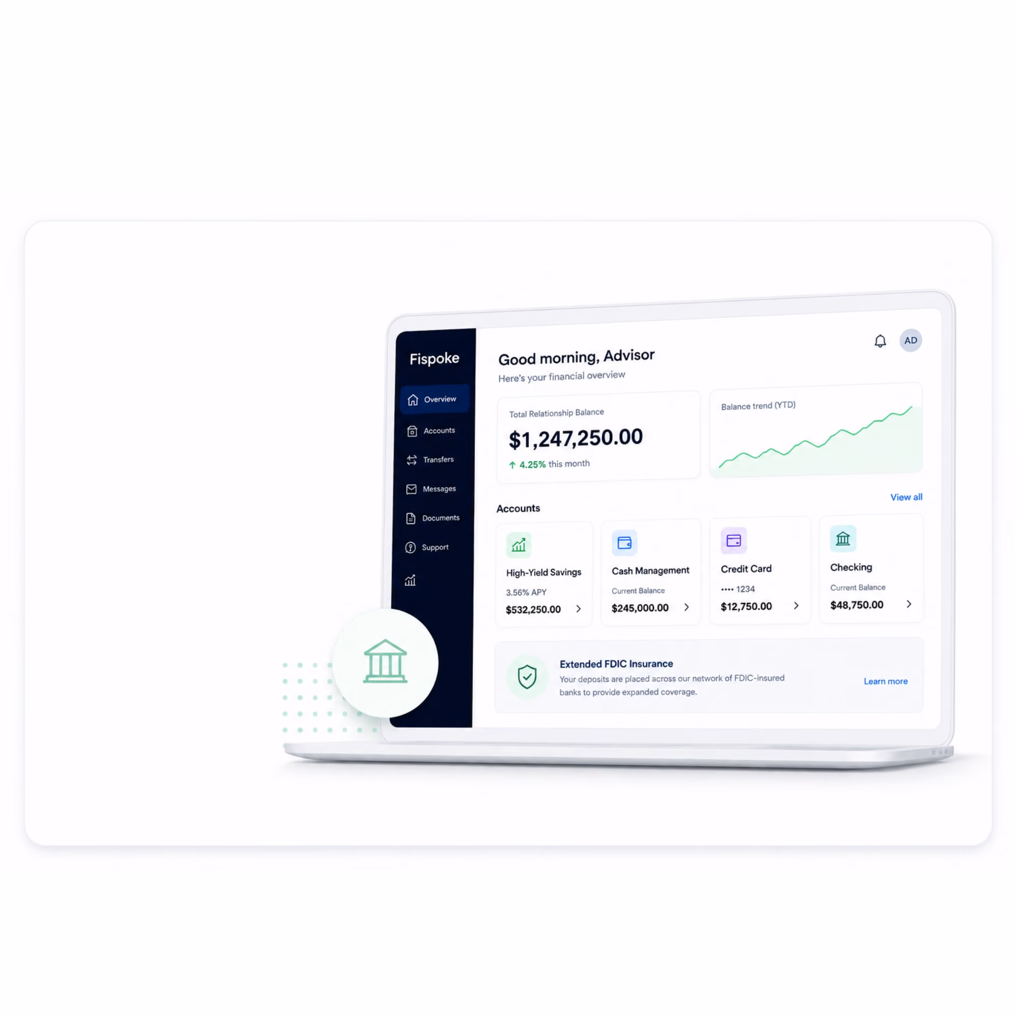 Financial dashboard on laptop screen displaying account balances and trend graph.