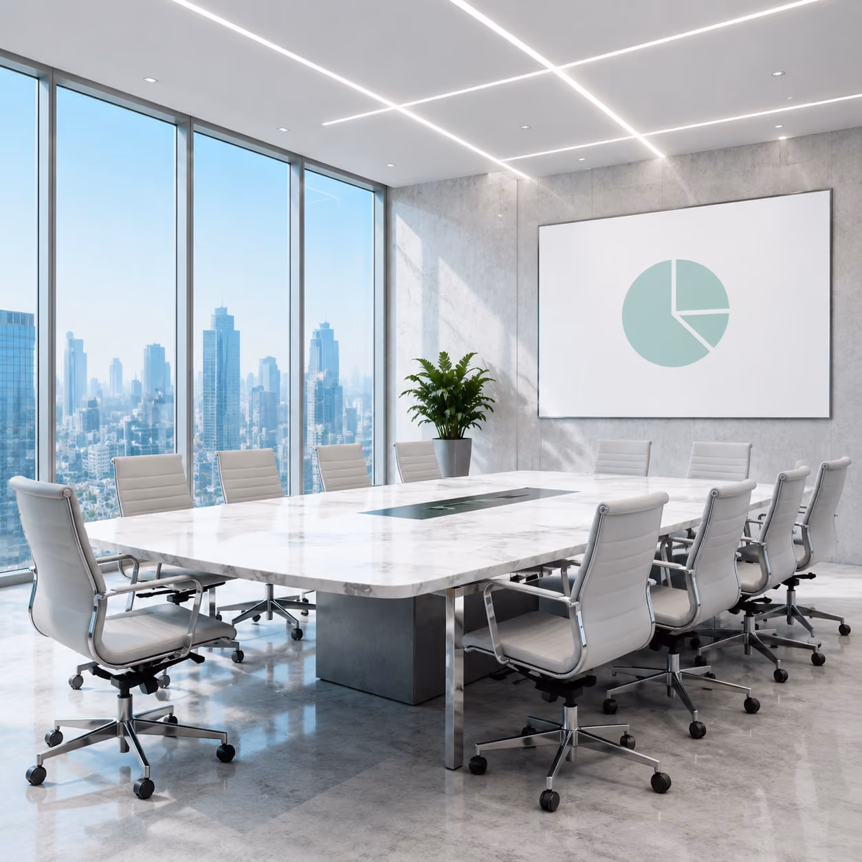 Modern conference room with city view large screen and white marble table surrounded by chairs.