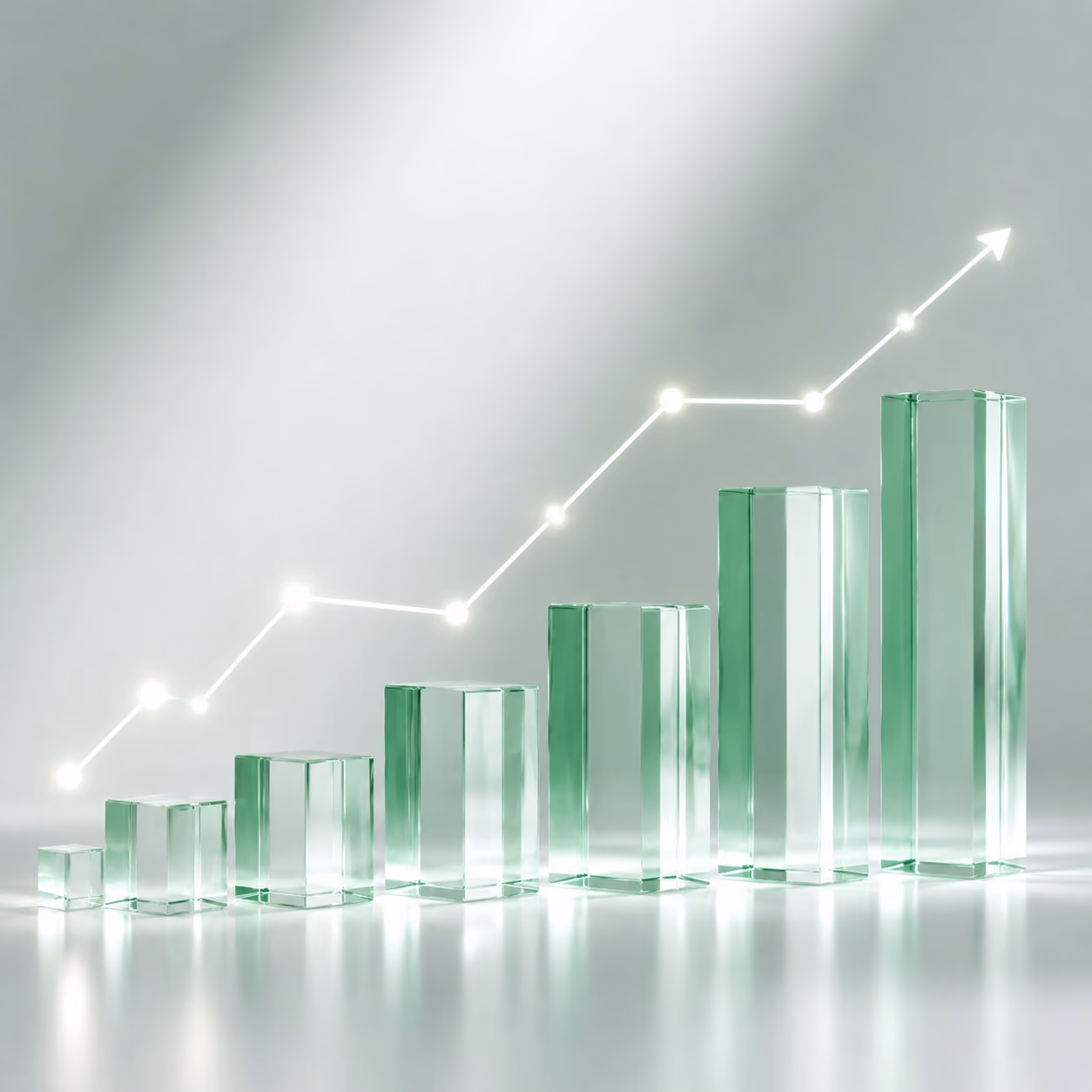 Green glass bar graph with upward trend line and arrow indicating growth and success steadily increasing.