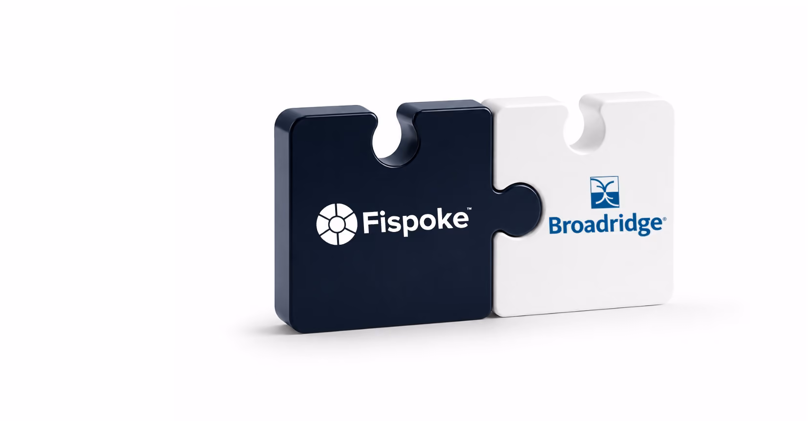 Two interlocking puzzle pieces with Fispoke logo on black and Broadridge logo on white piece.