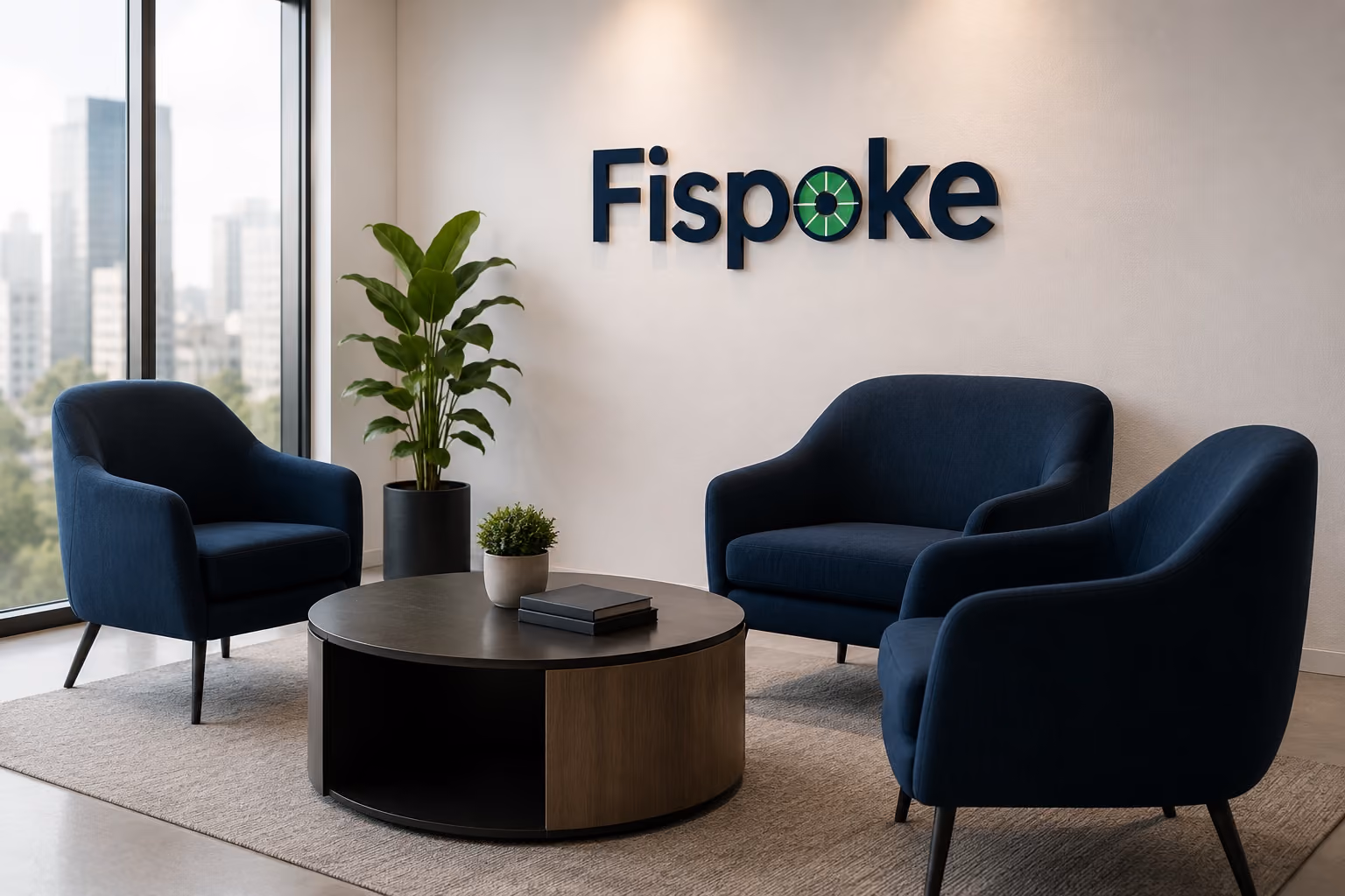 Modern office waiting area with blue chairs, coffee table, and Fispoke signage near city view window.