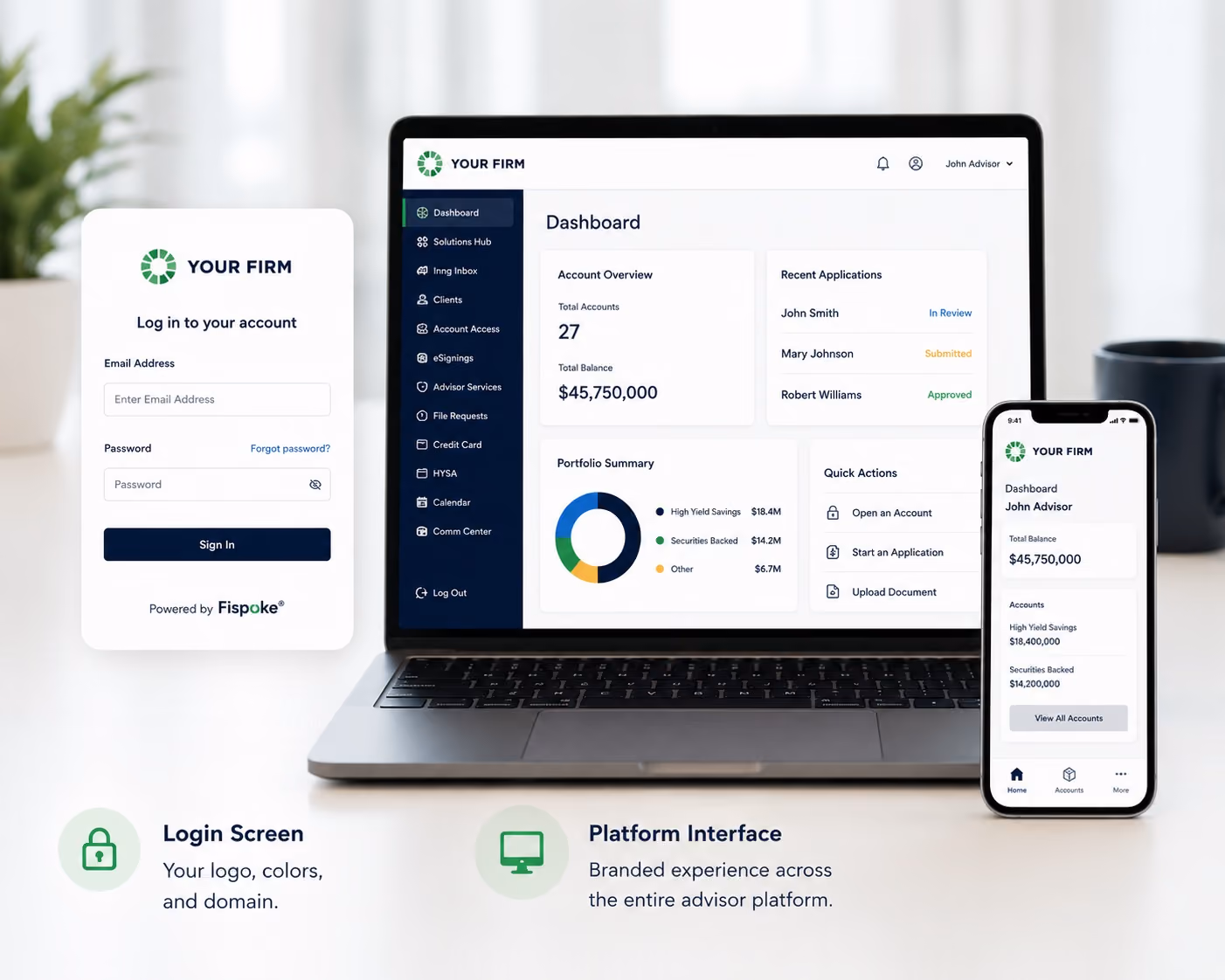 Login screen and platform interface for financial advisor dashboard on laptop and mobile device displayed.