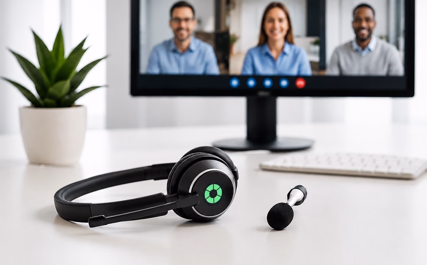 Black headset and microphone on white desk with computer screen showing video call in background display.