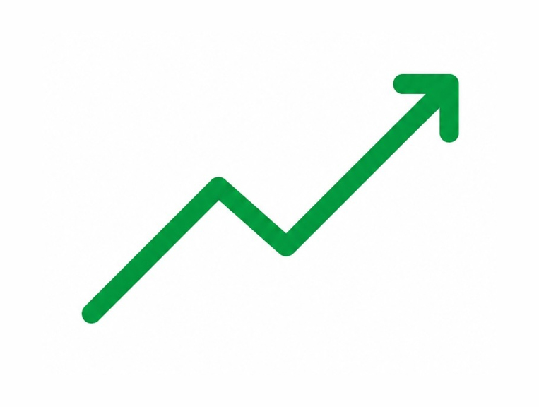 Green arrow graph trending upwards indicating growth and increase on white background.