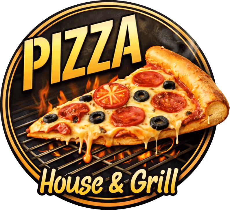 Logo with a slice of melting cheese pizza with pepperoni and olives on a grill with flames.