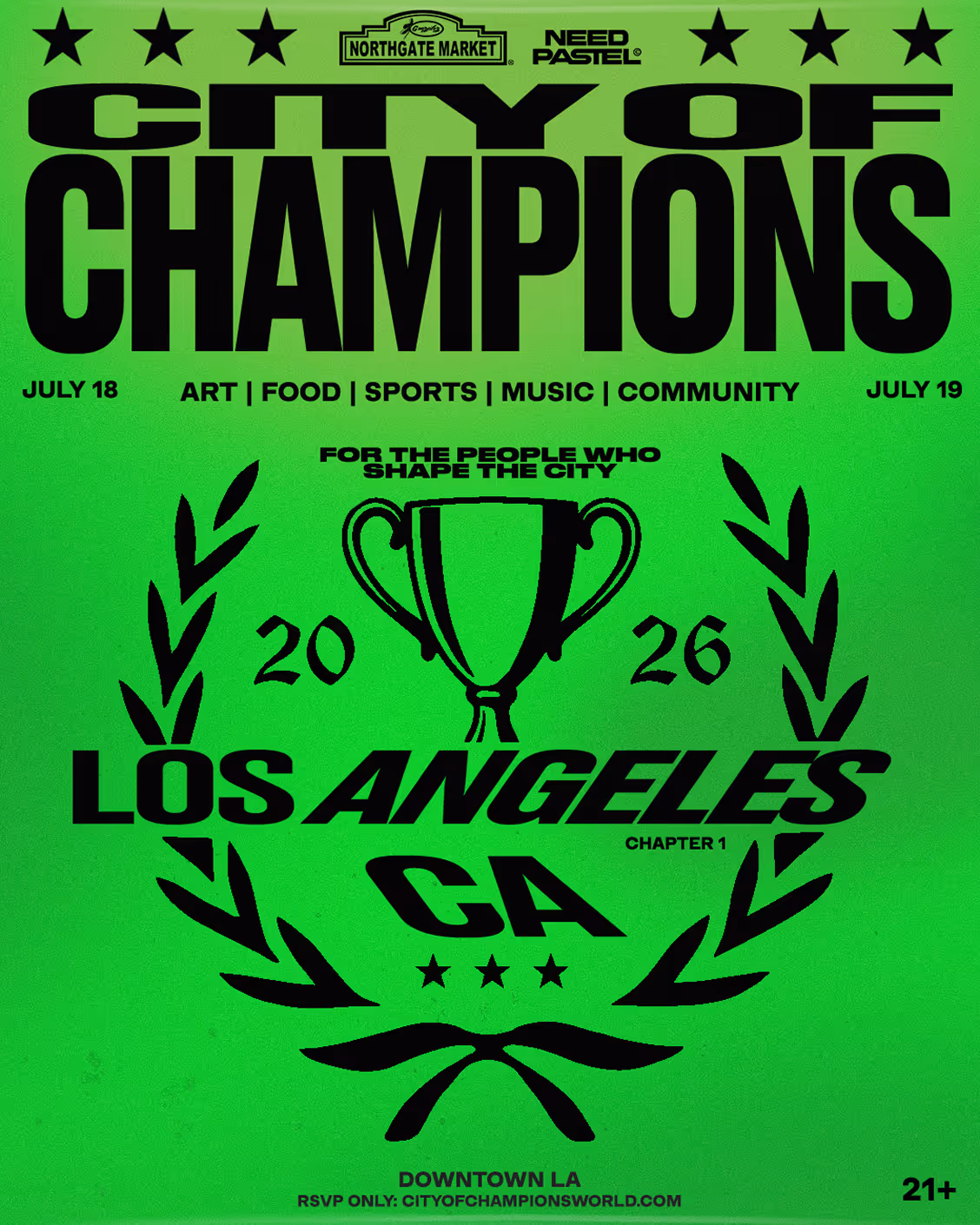 City of Champions event poster with trophy, dates July 18-19, in Los Angeles, CA, featuring art, food, sports, music.