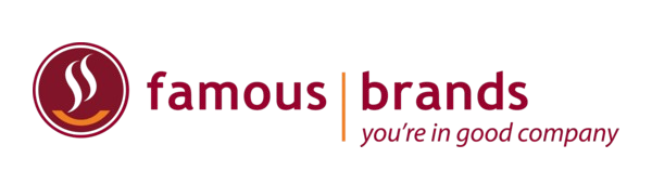 Logo with stylized coffee cup icon and text 'famous brands you're in good company'.