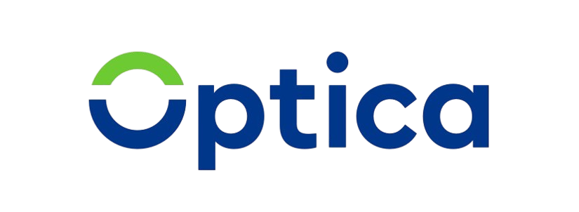 Optica logo with green and blue circular design and blue text on a transparent background.