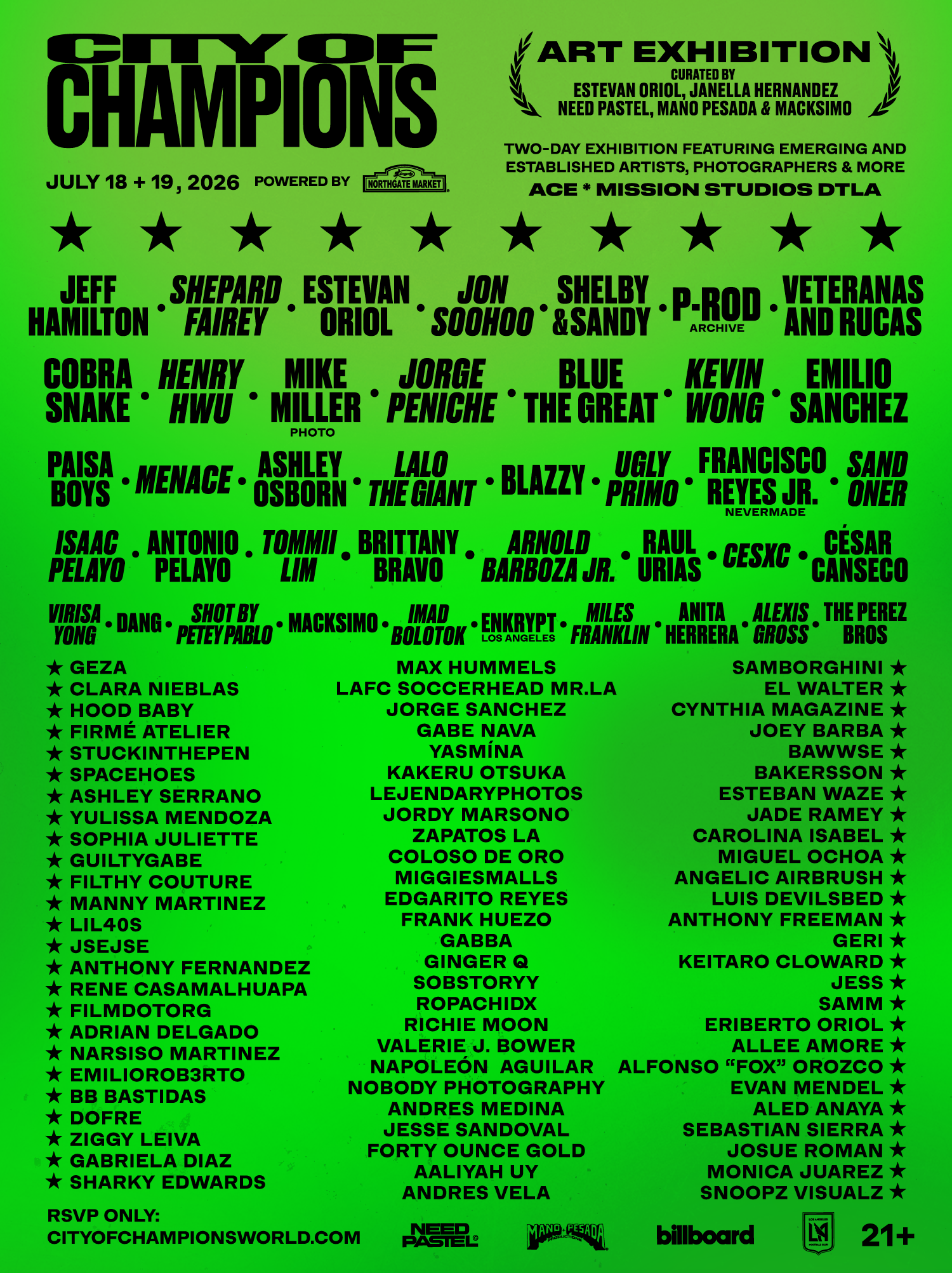 City of Champions event poster with trophy, dates July 18-19, in Los Angeles, CA, featuring art, food, sports, music.