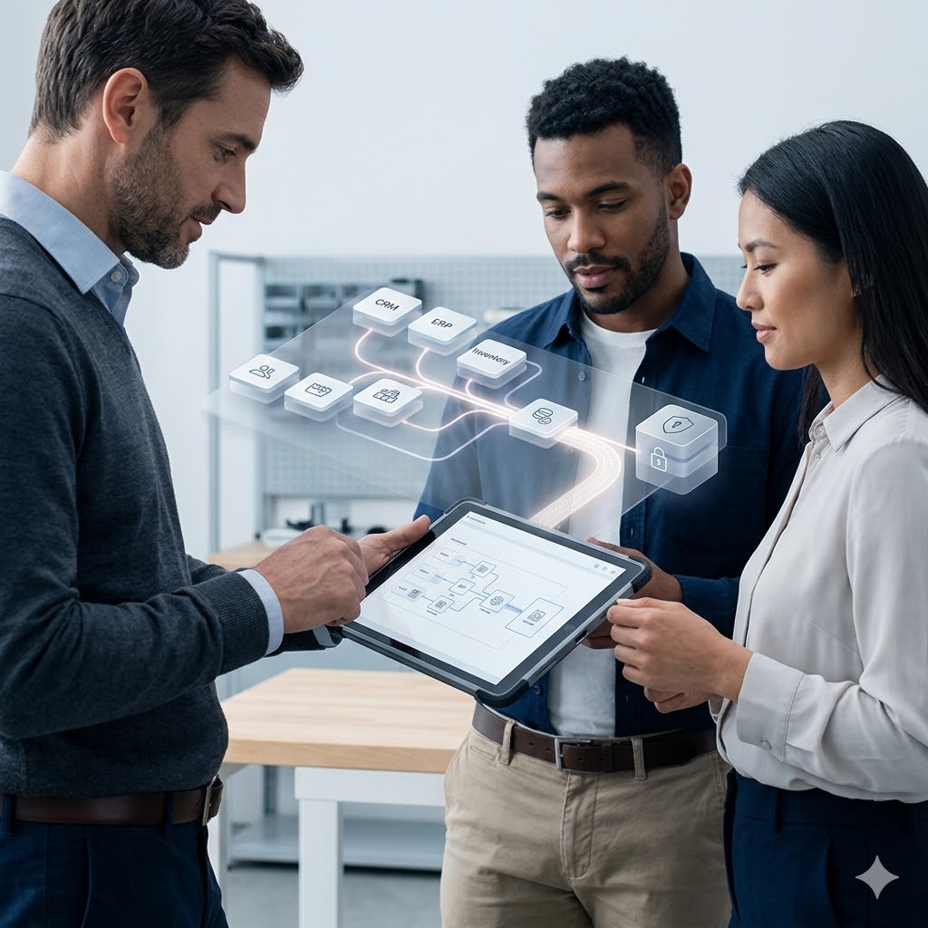 Team reviewing connected CRM, ERP, and inventory systems during a diagnostic