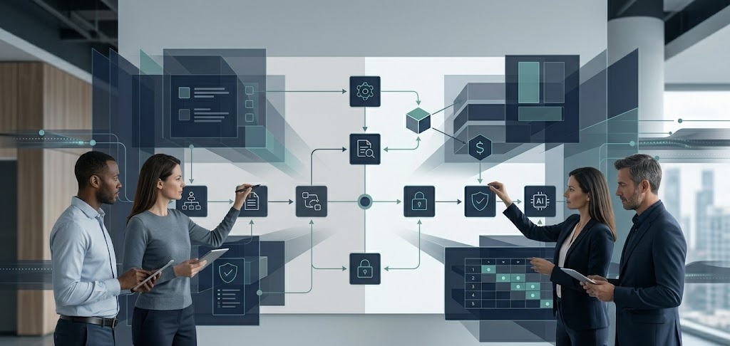Team working through a system build and AI integration workshop