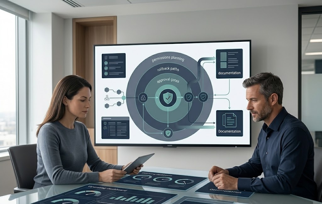 Team reviewing permissions planning, rollback paths, and approval gates on a security dashboard