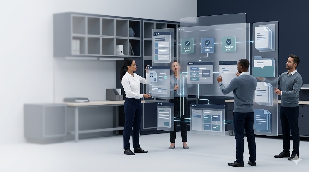 Team building an automated operational workflow with approval gates