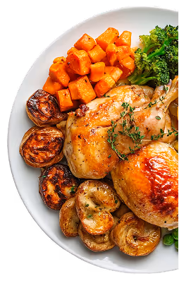 Plate with roasted chicken, diced carrots, broccoli, and roasted potatoes and mushrooms.